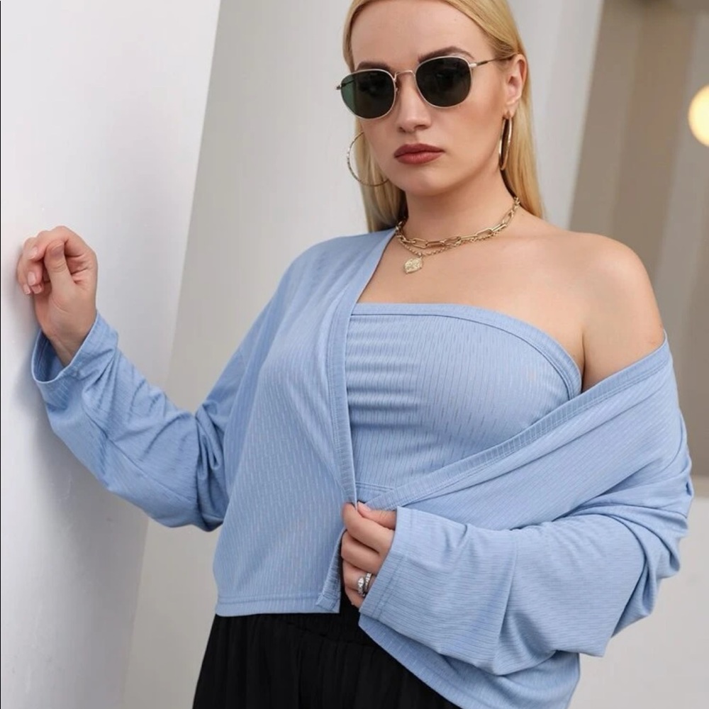 Baby Blue Drop Shoulder Jacket & Crop Tube Top